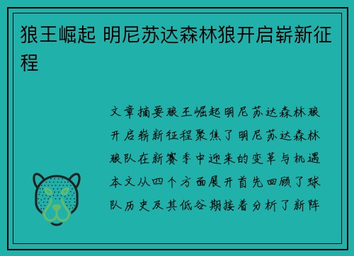 狼王崛起 明尼苏达森林狼开启崭新征程 狼王崛起 明尼苏达森林狼开启崭新征程