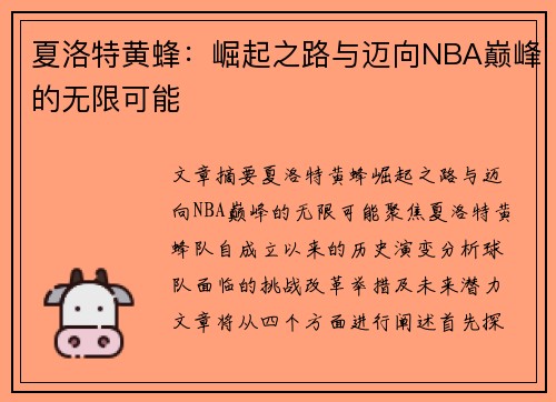 夏洛特黄蜂：崛起之路与迈向NBA巅峰的无限可能